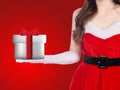 Santa girl holding christmas gift Royalty Free Stock Photo