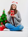Santa Girl Isolated Portrait With Christmas Gift, Cristmas Tree