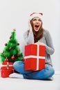Santa Girl Isolated Portrait With Christmas Gift, Cristmas Tree