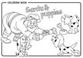 Santa gives a bone to puppies in Christmas - Coloring draw