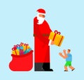 Santa gives gift to child. Xmas and New Year vector illustration
