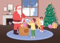 Santa gives gifts to children flat color vector illustration