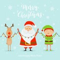Santa with Happy Elf and Deer Holding Christmas Light on Blue Ba Royalty Free Stock Photo