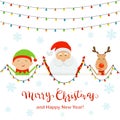 Santa with Happy Elf and Deer Holding Colorful Christmas Light Royalty Free Stock Photo