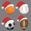 Santa Hat with basketball and football or soccer and rugby or american football and baseball on gray background.set of sports ball