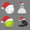 Santa Hat with Boules ball shuttlecock or badminton ball tennis ball ice hockey ball on gray background.set of sports balls. vec Royalty Free Stock Photo