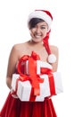 Santa hat Christmas asian woman holding christmas gifts smiling