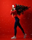 Santa hat Christmas sporting woman holding xmas tree on her shoulders. Winner energy he red background. it`s snowing Royalty Free Stock Photo