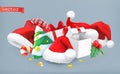 Santa hat, christmas tree and gifts. vector icon