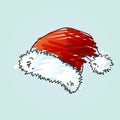 Santa hat doodle painted quirky scribble red and white color on blue background, Isolated Christmas and New Year design element Royalty Free Stock Photo