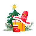 Santa Hat on Giftbox near Decorated Christmas Tree Royalty Free Stock Photo