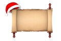 Santa Hat over Blank Old Paper Scroll Parchment Mockup. 3d Rendering Royalty Free Stock Photo