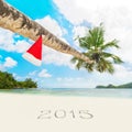 Santa hat on palm tree and 2015 year caption at sandy tropical b Royalty Free Stock Photo