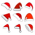 Santa hat set. Red santa claus cap collection isolated on white background. Cartoon drawing for december holiday greeting card. Royalty Free Stock Photo