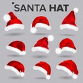 Santa Hat Set Vector. Santa Claus Holiday Red And White Cap Colllection. Winter Christmas Design. Isolated Realistic Royalty Free Stock Photo