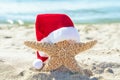 Santa hat on starfish in sand