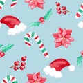 Santa hat and sugar cane, poinsettia and holly, seamless pattern for gift wrapping from cute watercolor pictures, freehand drawing