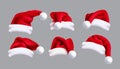 Santa hat vector set design. Santa claus 3d christmas cap elements collection in different angle and fold for xmas costume.