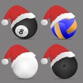 Santa Hat with set of sports balls. vector. illustrati