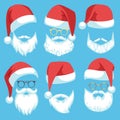 Santa hats and beards. Christmas elements white mustache, beard and glasses, claus red hat, winter holiday clothes