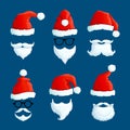 Santa hats with moustache and beards. Cartoon santa front wearing. Winter clothes isolated vector set