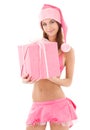 Santa helper girl in pink with gift box Royalty Free Stock Photo