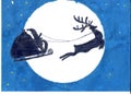 Santa and his reindeer on the moon and dark blue sky background