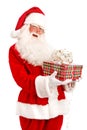 Santa Holding Christmas Present in his Hands on a White Backgrou Royalty Free Stock Photo