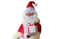 Santa holds a big red box, gifts, sales, shows the postage, the concept of the international holiday delivery of goods, christmas