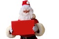 Santa holds a big red box, gifts, sales, shows the postage, the concept of the international holiday delivery of goods, christmas