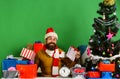 Santa holds gift box. Winter holiday and surprise concept