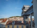 Santa Justa Lift and city view with Saint George Castle Castelo de Sao Jorge - Lisbon, Portugal Royalty Free Stock Photo