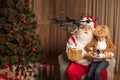 Santa with kid using hexacopter drone