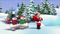 Santa Klaus and snowmen go along the winter road.