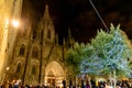 Santa Llucia christmas market at night in Barcelona, Catalonia, Spain