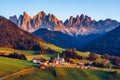 Santa Maddalena (Santa Magdalena) village with magical Dolomites mountains in autumn, Val di Funes valley, Trentino Alto Adige