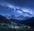 Santa Maddalena and Milky Way at night in autumn in Italy Royalty Free Stock Photo