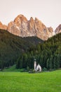 Santa Maddalena, Val di Funes, Italy. Most popular place in Italy. Classical landscape in summer time in Dolomite Alps.