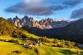 Santa Maddalena village in front of the Geisler or Odle Dolomites Group