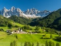 Santa Maddalena village in front of the Geisler or Odle Dolomites Group , Val di Funes, Italy, Europe. September, 2017