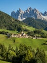 Santa Maddalena village in front of the Geisler or Odle Dolomites Group , Val di Funes, Italy, Europe. September, 2017 Royalty Free Stock Photo