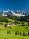 Santa Maddalena village in front of the Geisler or Odle Dolomites Group , Val di Funes, Italy, Europe. September, 2017 Royalty Free Stock Photo