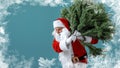 Santa man carrying artificial christmas tree. Christmas, new year, holidays. Bearded man dressed in festive costume of