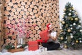 Santa man with red box sit at christmas tree Royalty Free Stock Photo