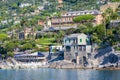 Buildings on the Ligurian coast. Houses overlooking the sea, hotels and bathing establishments for the summer in Italy