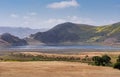 Twitchell Reservoir behind dry ranck land, Santa Maria, CA, USA