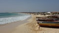 Beach at Santa Maria, Sal Island, Cape Verde, showing brightly-painted local fishing boats