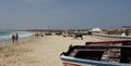 Beach at Santa Maria, Sal Island, Cape Verde, showing brightly-painted local fishing boats