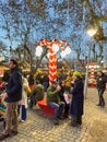 Santa Maria da Feira, Portugal - december 2 2023. Families shopping Christmas presents at traditional Xmas Perlim street market in