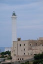 Santa Maria di Leuca, Italy. Iconic lighthouse located next to Basilica De Finibus Terrae where the Adriatic and Ionian seas meet. Royalty Free Stock Photo